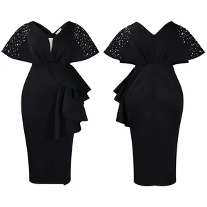 Detailed view of black V-neck evening dress with elegant ruffles and pearl bead accents