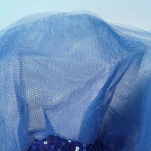 Macro detail view showing shimmering blue sequins and royal blue mesh fabric texture