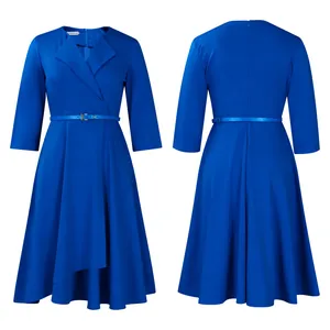 Detail of royal blue V-neck midi dress with belt showing front and back view