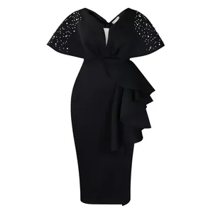 Detailed view of elegant black V-neck bodycon dress with pearls and ruffles.