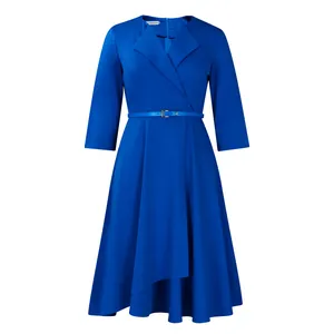 Elegant royal blue V-neck midi dress with high waist belt and flared skirt detail