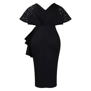 Elegant back view of black V-neck evening dress with pearl bead shoulders and ruffles