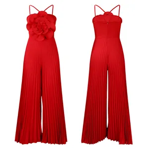 Elegant red pleated jumpsuit featuring a large 3D floral design shown from front and back