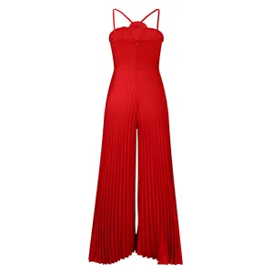 Detailed back view of a vibrant red pleated wide leg jumpsuit with an elegant flower