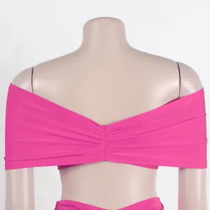 Detailed back view of sexy pink off-the-shoulder ruched crop top shown on mannequin