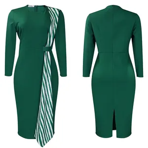 Robe crayon élégante vert foncé avec écharpe rayée et vue détaillée de l'arrière de la robe