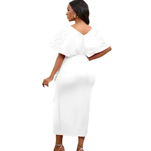 Elegant white V-neck evening dress with beaded flutter sleeves, back view detail.