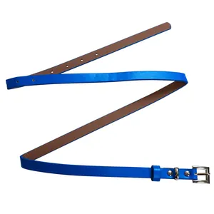 Detail view of a bright blue skinny leather-like belt with polished silver buckle
