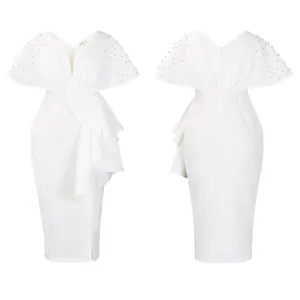Front and back view of elegant white V-neck evening dress with ruffled slit and beading