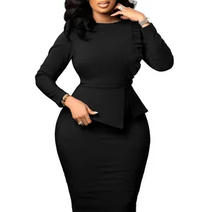Robe crayon noire élégante à manches longues avec détails de basque à volants sophistiqués