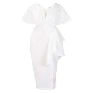 Detailed view of white V-neck evening dress with elegant ruffles and beaded sleeves