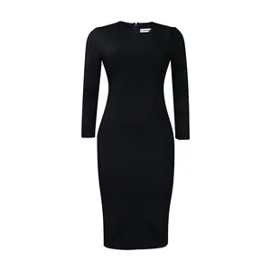 Robe crayon noire élégante à manches longues avec détail de pli devant et col rond