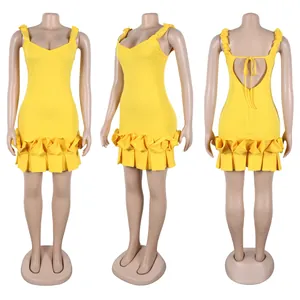 Vestido ajustado amarillo sin espalda con bajo de volantes, tres vistas diferentes