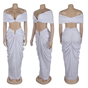 Detailed front, side, and back views of white ruched bandeau top and floor-length skirt set