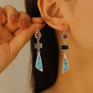 Vintage ethnic drop earrings with red and black stones and blue patterned triangles