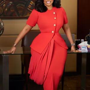 Elegant red two-piece business suit featuring a peplum top and slim-fit pencil skirt.