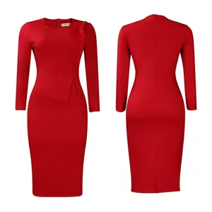 Élégante robe crayon rouge à manches longues avec volants, vues avant et arrière détaillées.