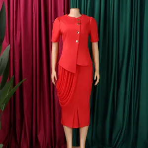 Elegant red two-piece African fashion set with buttoned top and draped pencil skirt