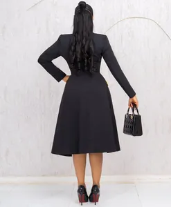 Elegant black long-sleeve waist-defined suit dress for office commuting, back view