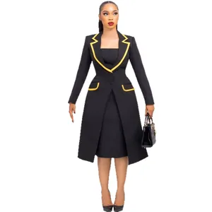 Elegant two-piece black commuter suit with yellow trim and slim-fit long blazer.
