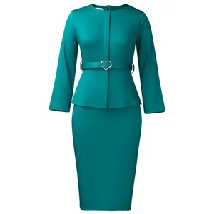 Élégante robe péplum vert canard à manches longues avec ceinture à boucle en cœur