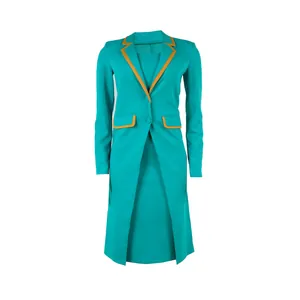 Elegant teal two-piece suit set featuring long sleeve blazer with contrast orange piping