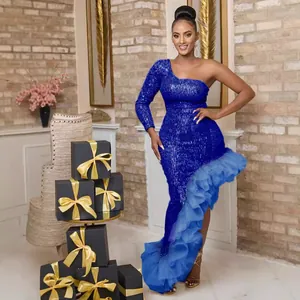Elegant one-shoulder royal blue sequin dress featuring an irregular tulle ruffle hem and slim fit.