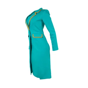 Side view detail of professional teal blazer set with orange piping and slim fit waist