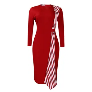 Robe crayon rouge élégante avec col rond et panneau latéral asymétrique à rayures