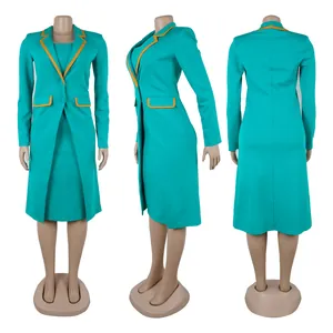 Elegant turquoise office blazer and skirt set with orange trim, front, side, and back view