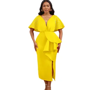 Elegant yellow V-neck evening dress with beaded shoulders and ruffled slit detail