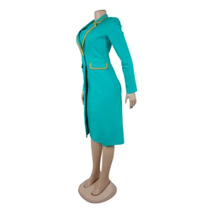Side view of teal and orange lapel blazer dress on mannequin for elegant office wear
