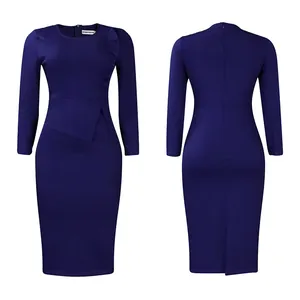Robe crayon bleu marine à manches longues avec vues avant et arrière et de jolis volants