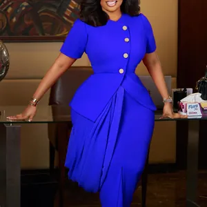 Elegant royal blue two-piece set featuring peplum top and draped pencil skirt.