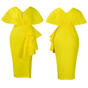 Front and back detail views of a bright yellow V-neck evening dress with pearl beading