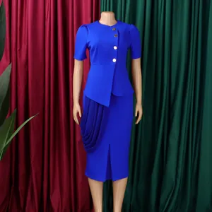Elegant royal blue two-piece set with asymmetrical top and draped front slit pencil skirt