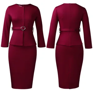Robe crayon bordeaux élégante à manches longues avec ceinture cœur, vues avant et arrière