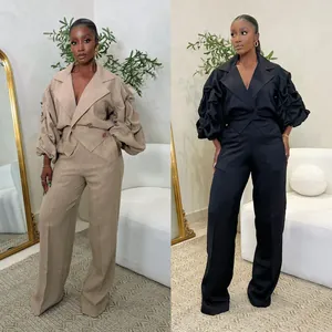 Elegantes Damen-Zweiteiler-Set mit Plissee-Puffärmeln und weiter Hose in zwei Farben