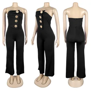 Detailansicht von vorne, seitlich und hinten eines schwarzen trägerlosen Overalls mit Knöpfen