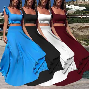 Elegant effen tweedelig setje met crop top en maxi-rok in vier verschillende kleuren