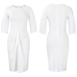 Elegante witte geplooide bodycon kokerjurk met driekwart mouwen en ritssluiting