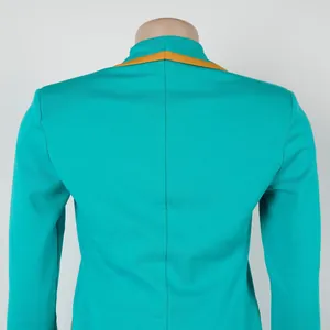 Detailed back view of an elegant turquoise slim fit blazer featuring yellow collar trim