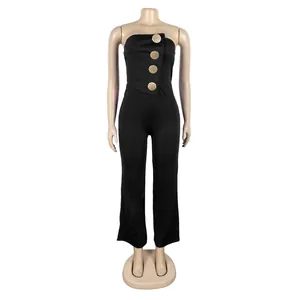 Eleganter trägerloser Jumpsuit mit weitem Bein in Schwarz und goldenen Knöpfen aus Elastik