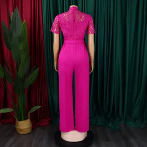 Rear view of a hot pink lace hollow-out high waist wide leg jumpsuit for women.