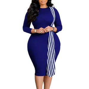 Robe moulante élégante grande taille bleu roi avec un empiècement rayé très chic