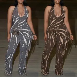 Women Sexy Halter Neck Backless Jumpsuit With Tassel Tie Dye Print Flared Leg Slim Fit Top And Bottom For Party
