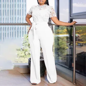 Elegant white lace hollow short-sleeve jumpsuit with high-waist wide-leg and waist belt