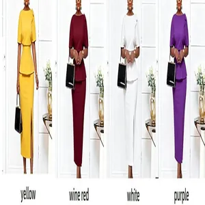 Elegante abito midi peplum con spacco laterale in giallo, rosso, bianco e viola