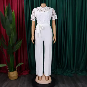 Full view of white lace hollow-out short sleeve high waist wide-leg jumpsuit on mannequin