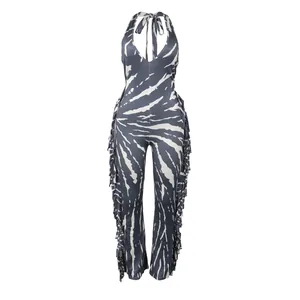 Elegant sexy halter neck zebra print jumpsuit featuring side fringe and flared leg pants